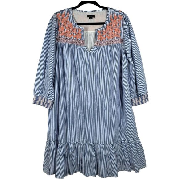 J. Crew Striped Embroidered Popover Shift Dress Ruffle Hem Preppy Coastal Large - Picture 1 of 9